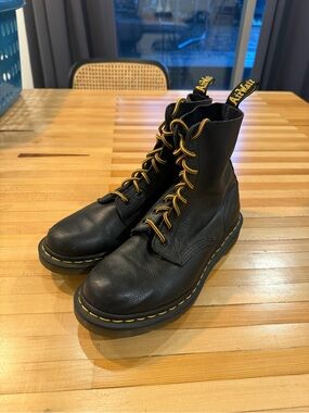 Dr. Martens Black Leather 8-Eye Boots with Yellow Stitching and Laces